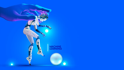 Machine learning conceptual illustration. Developer trains artificial intelligence. Digital technology art. Robot with AI in hand programmer. Neural network in image cyborg woman training on datum.