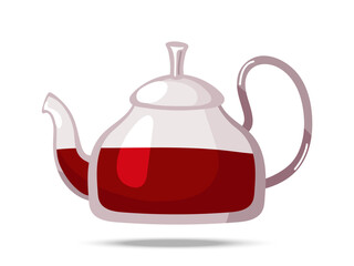 Glass teapot with tea. Tea brewed in kettle. Hand drawn Flat vector illustration on white background. Kitchen utensils. Tea party and teatime concept for banner, website, social media, flyer.