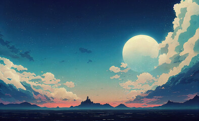 Fantasy Atmosphere Sky Landscape. Japanese Anime Style. Dynamic Cloud See Through Light. Amazing View Background