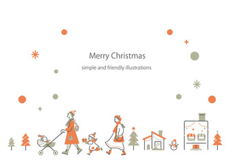 Fototapeta premium クリスマスシーズンに街を散歩をする家族 シンプルでお洒落な線画イラスト