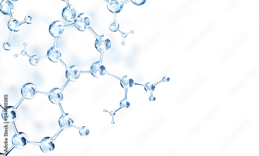Wall mural horizontal banner with model of abstract molecular structure. glass atom model