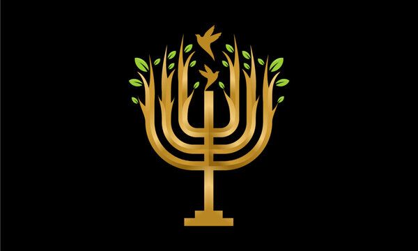 golden menorah with birds and green leaves clip art preview