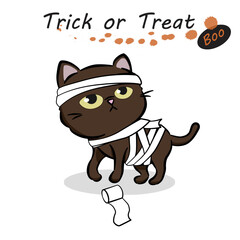 Halloween cat fancy dress costume. Cat dressed as a mummy. Halloween pets. Trick or treat. Boo. Cartoon spooky baby character. Scary print for design. Vector illustration on white background.