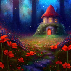 Fototapeta na wymiar Tiny adorable fantasy mushroom house hidden in secret part of an enchanted magical fairytale forest, cozy glowing windows and starry midnight sky - surrounded by cute vibrant bright red flowers.