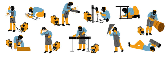 Fototapeta premium Welder at work, flat vector illustration set. Male characters in uniform and protective mask welding metal pipes, sitting, standing, lying, using equipment isolated on white background. Occupation