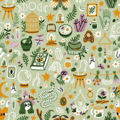 Green witch aesthetic pattern illustration - 544012398
