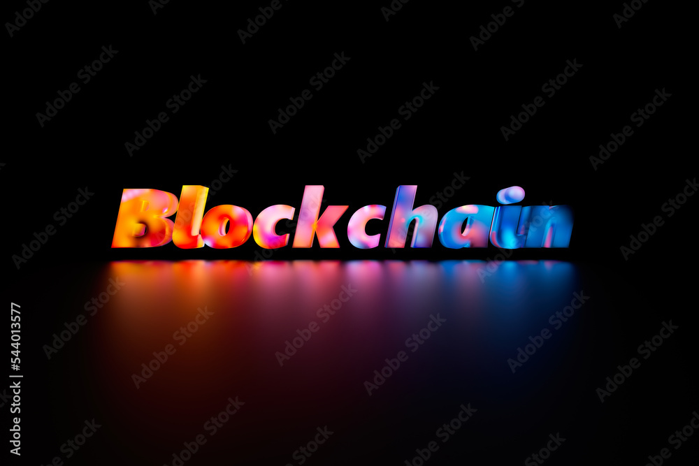 Fototapete modern and futuristic blockchain 3d text in a mixture of red and blue, beautiful reflection floor