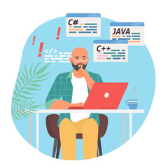 Man programmer work on computer laptop vector