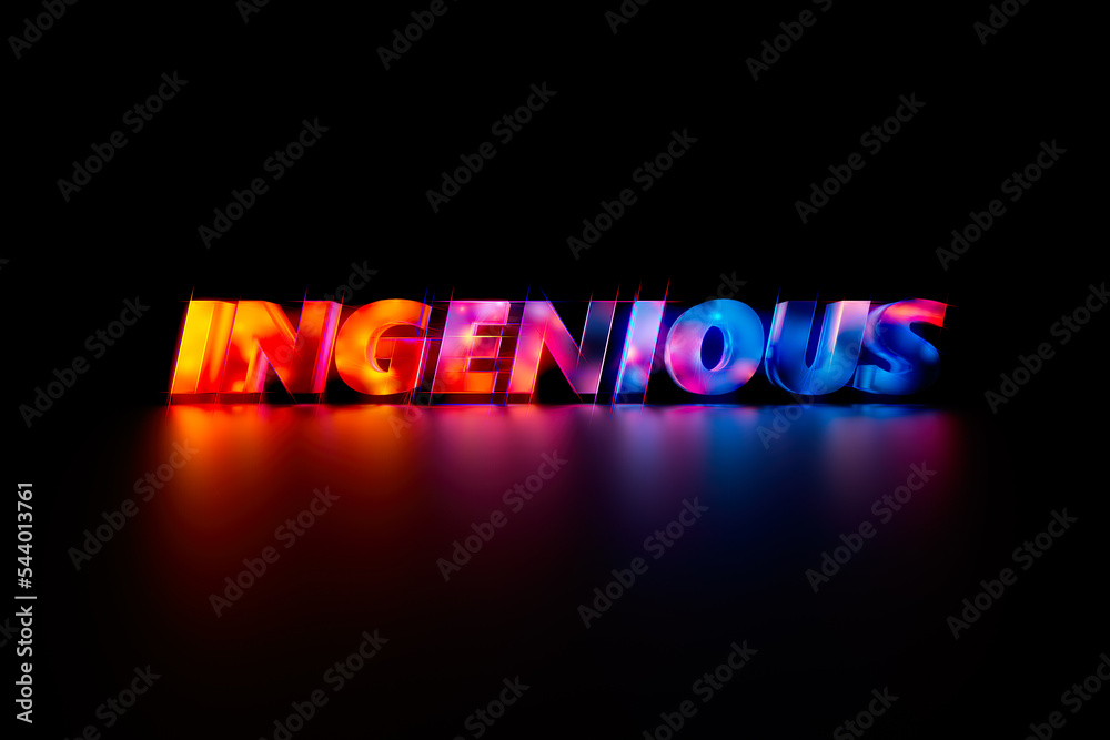 Fototapete modern and futuristic ingeious 3d text in a mixture of red and blue, beautiful reflection floor