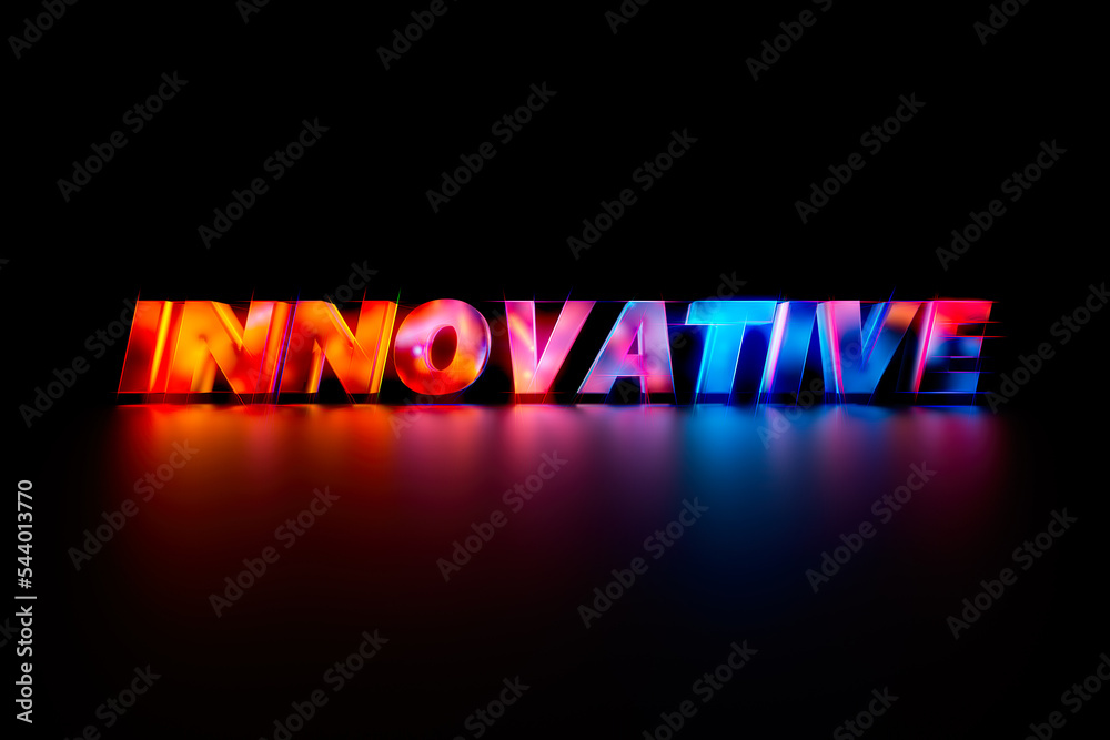 Fototapete modern and futuristic innovative 3d text in a mixture of red and blue, beautiful reflection floor
