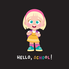 Cute little school girl with backpack. Vector cartoon character with 1 September and school theme. Smiling kid in school uniform.