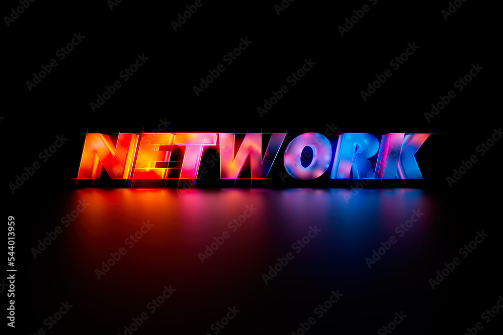 Fototapete modern and futuristic network 3d text in a mixture of red and blue, beautiful reflection floor