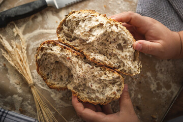 Artisan breads on a wooden table
