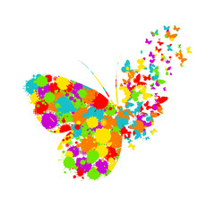 Butterfly from blots with flying butterflies. Can be used for t-shirt printing, mug printing. Vector illustration abstract mosaic.