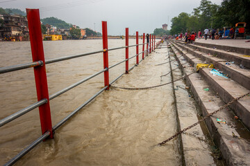 July 8th 2022 Haridwar India. Chains and Iron barricading at the ghats or banks of river Ganges for public safety during bathing.