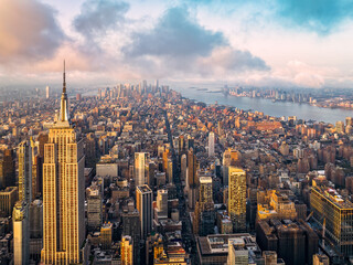 Aerial panorama of Manhattan buildings, example of modern big city. View towards lower Manhattan