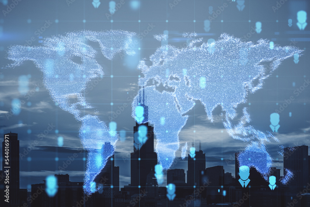 Poster abstract glowing map hologram on blurry city texture. digital world, transformation and future cyber