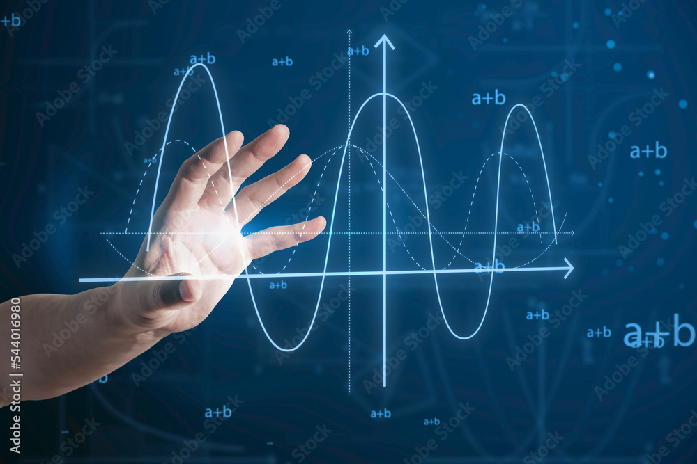 Aufkleber Close up of man hand pointing at abstract glowing mathematical formula graph on blue background. Equation, digital data and mathematics app concept.