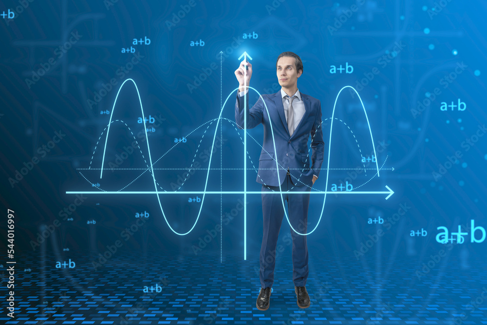 Leinwandbilder attractive young european businessman using abstract glowing mathematical formula graph on blue back
