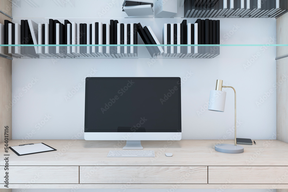 Aufkleber close up of designer desktop with empty computer screen, bookshelves, supplies and light wall backgr