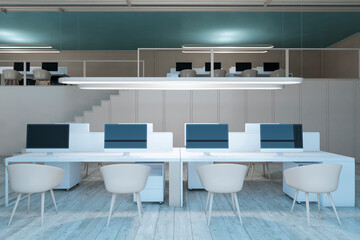 Modern two levels light blue and wooden coworking office interior with furniture and equipment. 3D Rendering.