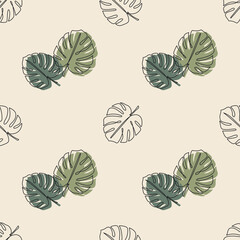 Monstera tropical leaves seamless pattern