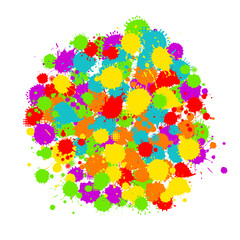 Paint splatter colorful set. Round splash flat collection, decorative shapes liquids. Different splashes and drops, cartoon spatters. Stain colored ink collection. Isolated vector illustration
