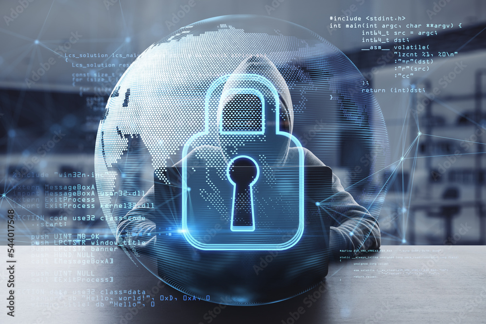 Aufkleber Hacker using laptop at desktop with abstract safety hologram with globe and coding on blurry office interior background. Secure, data theft, protection and web concept. Double exposure.