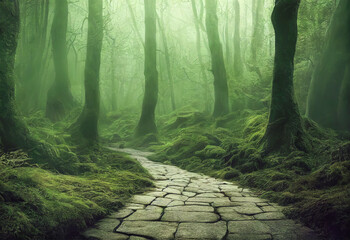 An ancient mysterious forest in the fog with a road paved with stones. Moss-covered trees and clearings. Dense forest landscape. Realistic digital illustration. Fantastic Background. Concept Art. CG A - obrazy, fototapety, plakaty