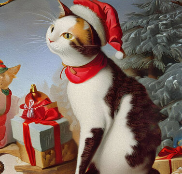 Just Bored. Cat baroque art. Christmas series. Oil digital art painting. Anthropomorphic drawings.
