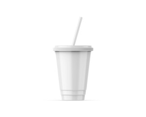 Blank disposable plastic cup with straw mockup on isolated white background, 3d render illustration.