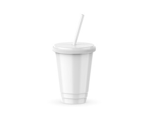 Blank disposable plastic cup with straw mockup on isolated white background, 3d render illustration.