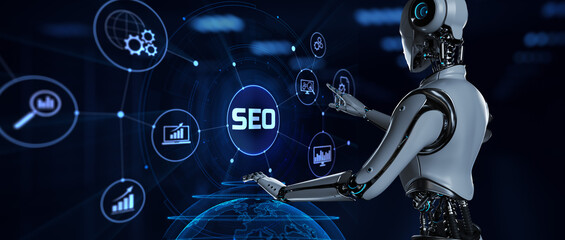 SEO Search engine optimisation digital marketing automation. Robot pressing button on screen 3d render.