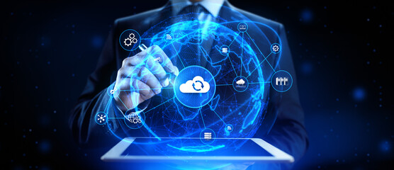 Cloud technology networking processing data storage. Businessman pressing button on screen.