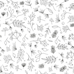 Seamless floral pattern for Xmas and new year celebration. Seamless paper texture with outline plants and berries elements. Winter mapping.