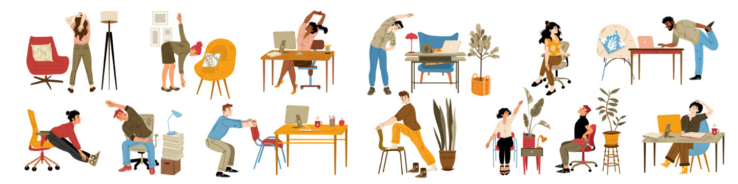 Office employees exercise at work, stretch near the desk isolated set. People practicing workout at workplace doing squats, leans and lunges enjoying break, Cartoon linear flat vector illustration