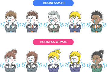 寒くて震える、鼻水が出ている、ビジネスマンのイラストセット