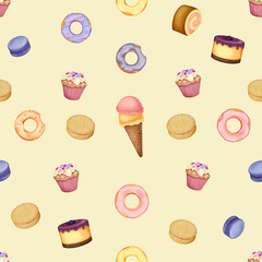 Dessert seamless pattern on yellow background