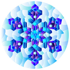 Illustration in stained glass style with an openwork snowflake on a blue background,round image