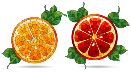 A set of illustrations in the style of stained glass with orange slices, fruit isolated on a white background