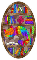 A stained glass illustration with a cute cartoon cat sleeping on bookshelves, oval image