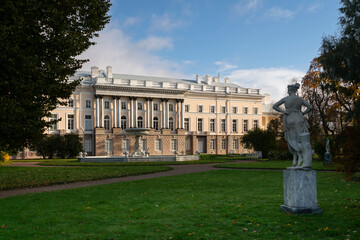 View of the Catherine Palace and the statue of the Dancer in Catherine Park in Tsarskoye Selo on a...