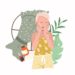 Obraz premium Skin care concept. Blond woman doing cosmetic spa treatments for face, for skin. Morning routine. Organic products. Vector illustration in flat cartoon style.