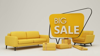 Flash sale banner template Special offer discount concept Sale of home decorations and furniture During promotions. surrounded by sofas chairs and advertising spaces. pastel background. 3d render