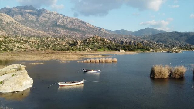 Aerial view of Lake Bafa bird sanctuary and a nature reserve, Turkey