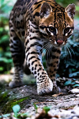 Ocelot walking in a forest path