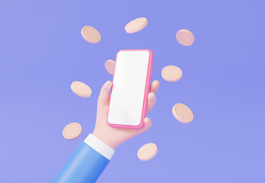Cartoon hand holding smartphone blank white screen shopping online payments concept. money transfer. stock trading financial transactions. coins floating on purple background. 3d render illustration