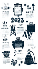 2023 calendar. Calendar posters with furniture doodle. Doodle vector collection. Vector illustration, vertical format. Hand drawn illustration.