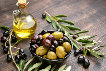 Mixed green olives and black olives with olive oil, healthy eating antioxidants