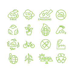 Fototapeta Zero emissions, carbon footprint reduction vector icon set. Ecology, environment outline icons. obraz